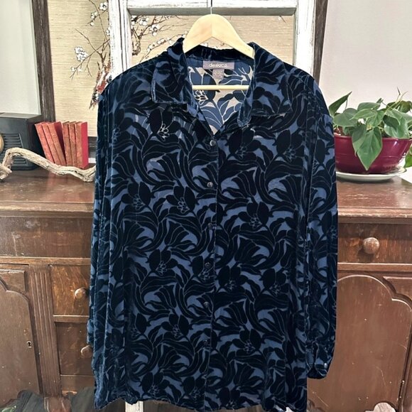 Vintage 90s Y2K Silk Blend Velvet Burnout Button Up Shirt Size 22 24 Blue Sheer - Picture 1 of 9